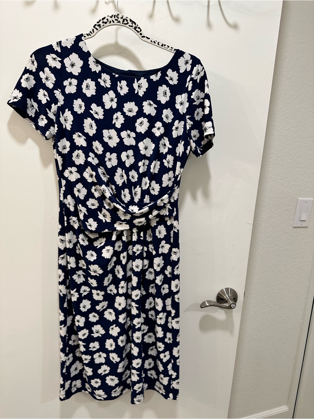 Anne Klein Navy and White Floral Tie-Waist Midi Dress